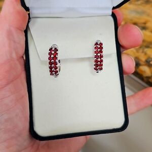 Garnet and sterling silver huggie earrings